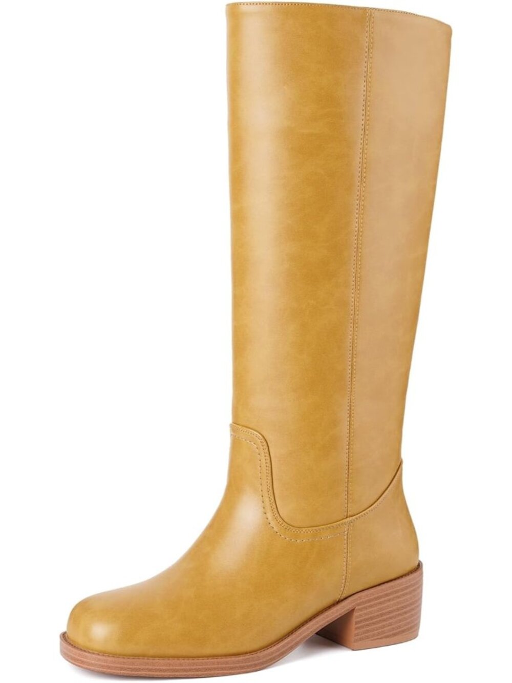 👢Women's B-Yellow Knee High Boots Square Toe Chunky Block Heel Slouch Free